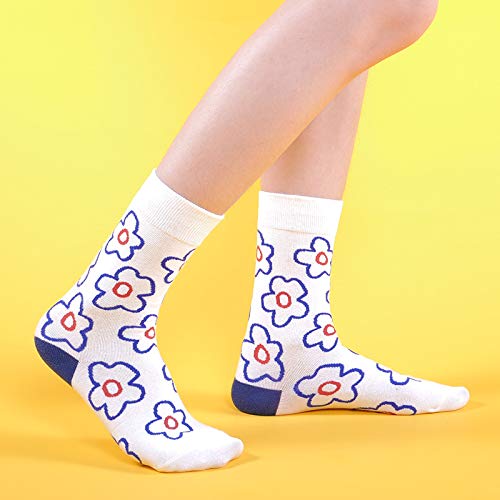 Womens Novelty Funny Crew Socks Girls Cute Floral Colorful Patterned Socks Silly Funky Casual Cotton Flower printed Socks Gift，5 Pack-sunflowers