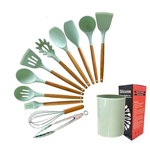 Kitchen Cooking Utensils Set 12 Pieces Silicone Wooden Handle High Heat Resistance Premium Silicone Kitchen Gadgets Spatula Set with Holder BPA Free (MINT GREEN)