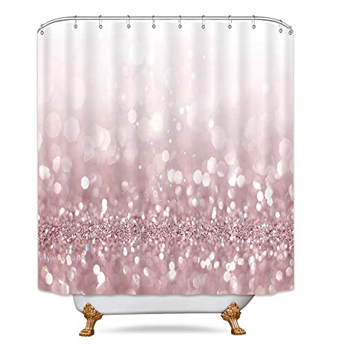 Pink Glitter Bling Shower Curtain Bathroom Decor w/12 Hooks Set