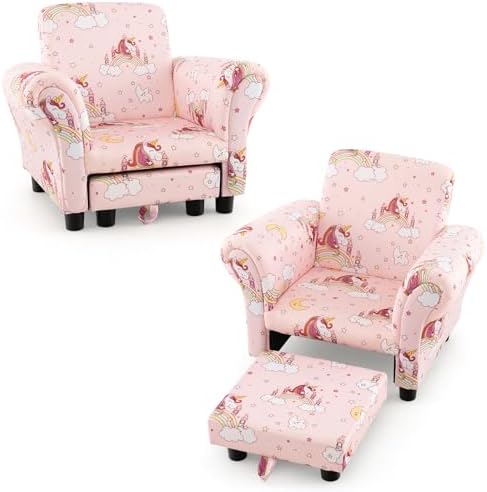 Costzon Kids Sofa with Footstool, Upholstered Toddler Chair for Play Room, Nursery, Kindergarten, Kids Room, Gift for 0-5 Years Old Boys & Girls, Toddler Couch with Ottoman (Pink)
