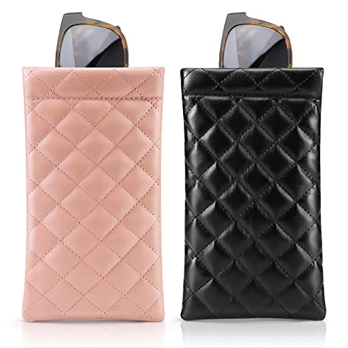 MoKo Squeeze Top Sunglasses Pouch, 2PCS Soft Eyeglasses Pouch Portable Sunglass Organizer Bag Protective Sunglasses Case for Women Men, Black + Pink