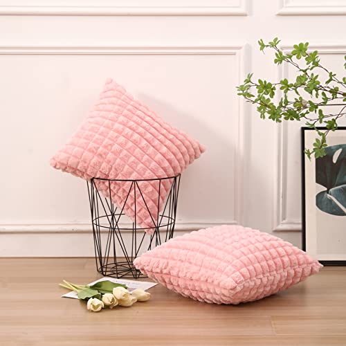 MANDIOO Set of 2 Super Soft Plush Faux Fur Throw Pillow Covers 16x16 Inch,Plaid Texture Modern Luxury Decorative Pillow Case Coushion Cover for Home Decor Sofa Couch Bed Livingroom Farmhouse,Pink