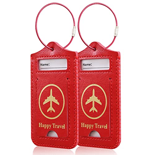 Luggage Tags, ACdream Leather Case Luggage Bag Tags Travel Tags 2 Pieces Set, Red