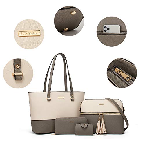 Women's Two-Tone Gray & Beige 4-Piece Tote Bag, Shoulder Handbag, Clutch Wallet & Card Holder Set  (9 colors)