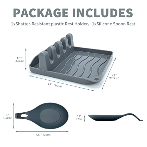 LSVGOE 2 Pack Multiple Utensil Spoon Rest with Drip Pad Non-Slip Heat Resistant Kitchen and Grill Spoon Holder for Spatula, Ladle, Tongs, Kitchen Gadgets, and Cooking Accessories (Silver Gray)