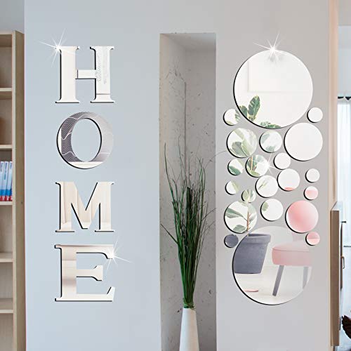 Home Sign Letters Acrylic Mirror Wall Stickers Solid Circle Wall Stickers 3D Mirror Wall Decals DIY Removable Mirror Wall Stickers for Home Living Room Decoration