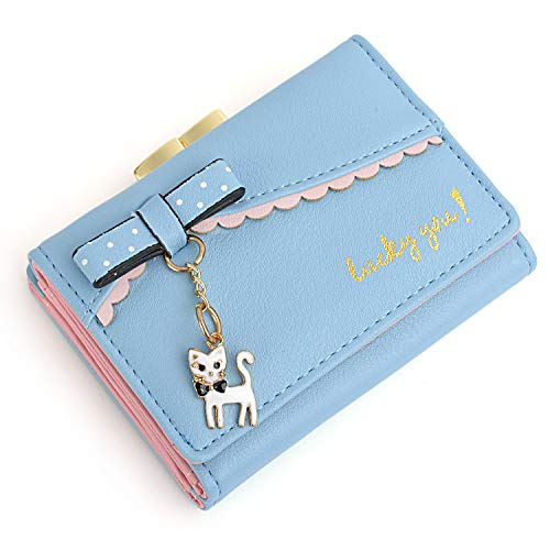 UTO Women's Trifold Wallet Cute Kitty Bowknot Card Holder Small Coin Purse A Light Blue