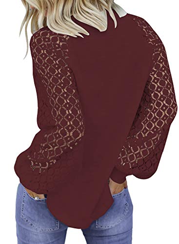 MIHOLL Women’s Long Sleeve Tops Lace Casual Loose Blouses T Shirts (Wine Red, Small)