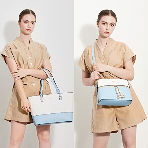 Women's Two-Tone Light Blue & Beige 4-Piece Tote Bag, Shoulder Handbag, Clutch Wallet & Card Holder Set  (9 colors)