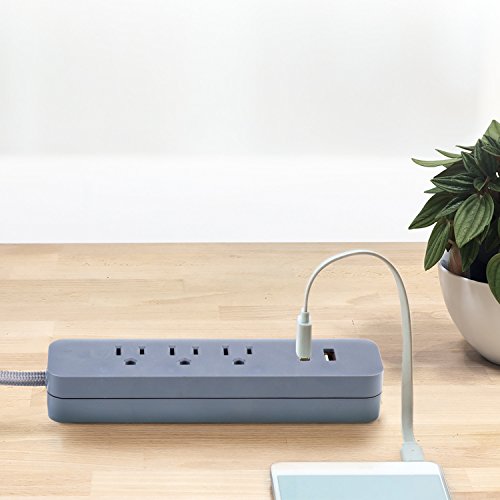 Globe Electric 78252 Designer Series 6ft 3-Outlet USB Surge Protector Power Strip, 2x USB Ports, Surge Protector, Gray Finish