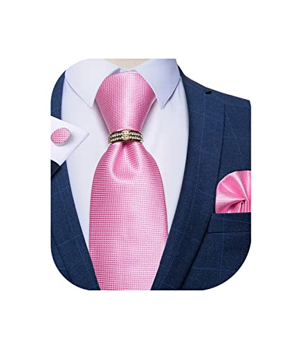 DiBanGu Silk Woven Necktie and Tie Ring for Men Pink Solid Ties Handkerchief Cufflinks Set Fashion Wedding Party Prom