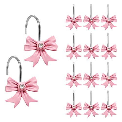 Pink Bow Knot Decorative Resin Shower Curtain Ring Hooks, Set of 12