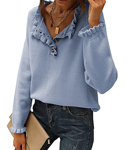 BTFBM Women's Sweaters Casual Long Sleeve Button Down Crew Neck Ruffle Knit Pullover Sweater Tops Solid Color Striped (Solid Sky Blue, Medium)
