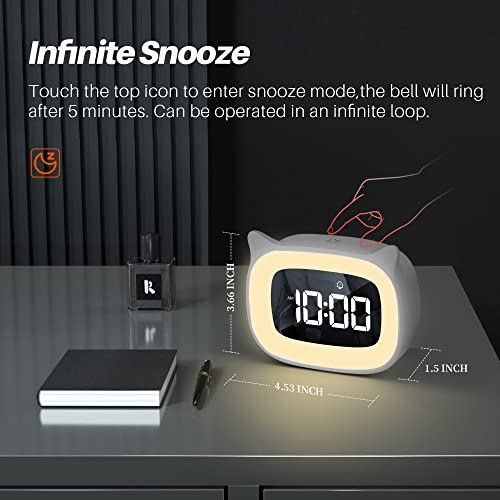 SMOUPING Kids Alarm Clock with Night Light Stepless Dimming,Cute Cat Ear Digital Clock for Boys and Girls,5 Minute Alarm,Ok to Wake Up Children(White)