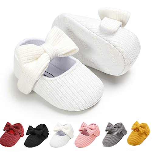 Ohwawadi Infant Baby Girl Shoes, Baby Girl Christening Baptism Shoes Bowknot Baby Mary Jane Flats Princess Dress Shoes (0-6 Months, 1933 White)