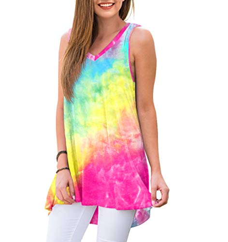 Women's Yellow & Pink Tie-Dyed Summer Sleeveless V-Neck T-Shirt Tunic Top, Sizes to 4XL