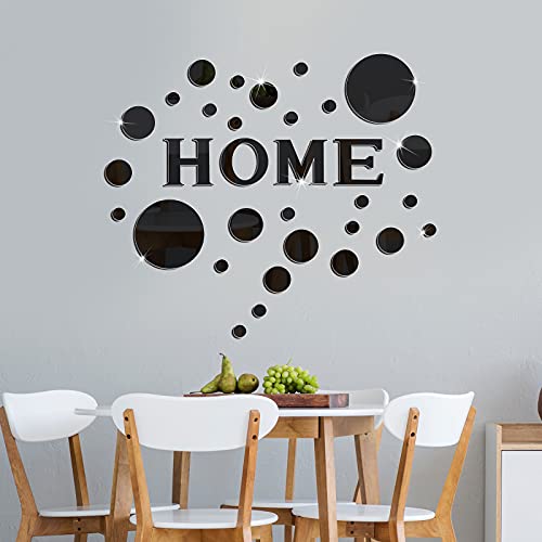 Home Sign Letters Acrylic Mirror Wall Stickers Solid Circle Wall Stickers 3D Mirror Wall Decals DIY Removable Mirror Wall Stickers for Home Living Room Decoration (Black)