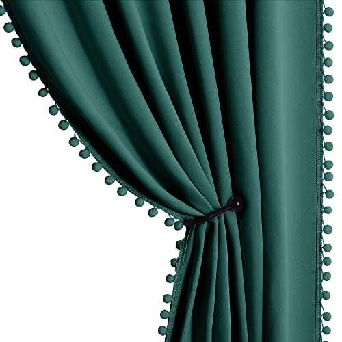 StangH Dark Green Pompom Blackout Curtains, Thermal Insulated Light Blocking Window Drapes for Nursery Kids, Christmas Backdrops for Birthday Party, W52 x L63, 2 Panels