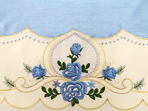 GOHD Rose Melody. 3pcs Kitchen Cafe Curtain Set. Swag and 24 inches Tiers Set for Small Windows. Nice Matching Color Rose Embroidery on Border and Inserted Organza. (Light Blue)