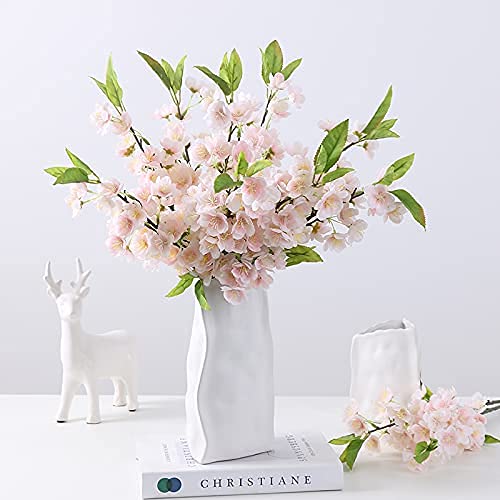 Sunm Boutique 6PCS 20In White Pink Cherry Blossom Flowers Artificial Peach Blossom Flower Silk Cherry Blossom Branches with Leaves White Plum Blossom Flowers for Wedding Home Indoor Outdoor Decor