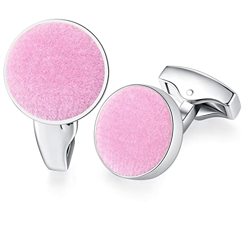 HONEY BEAR Fabric Cotton Velvet Cufflinks Round for Mens Business Wedding Gift Pink