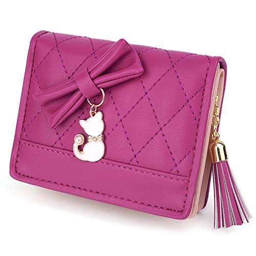 UTO Women PU Leather Small Wallet Cat Pendant Card Phone Holder Zipper Coin Purse Zoey Rose Pink