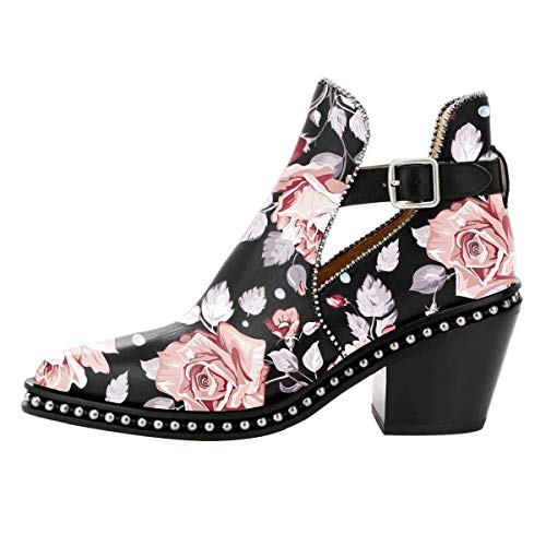 Women's Big Pink Roses Studded Leather Chunky Heel Ankle Boots w/Buckle, Sizes 4 to 15