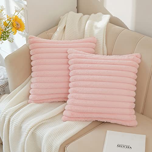 Uhomy Set of 2 Faux Fur Home Decorative Throw Pillow Cover Luxury Super Soft Fuzzy Striped Furry Pillowcase for Sofa Couch Bedroom Comfy Thick Fluffy Plush Cushion Cover 18x18 Inch Bright Pink 45 cm