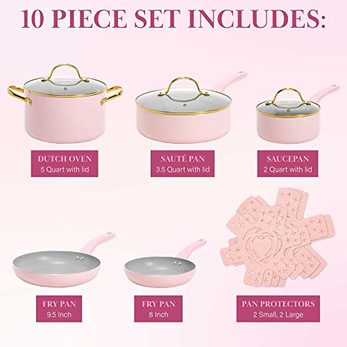 Paris Hilton Epic Nonstick Pots and Pans Set, Multi-layer Nonstick Coating, Tempered Glass Lids, Soft Touch, Stay Cool Handles, Made without PFOA, Dishwasher Safe Cookware Set, 12-Piece, Pink