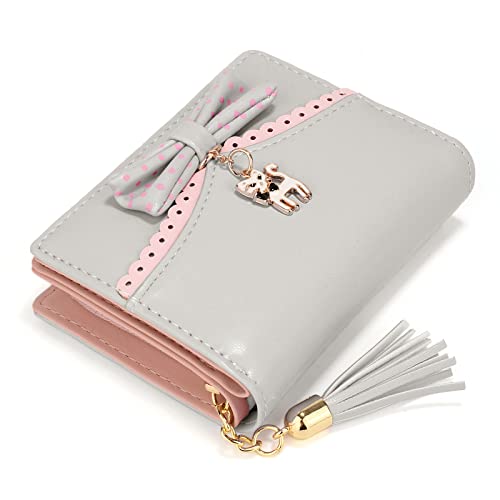 UTO Wallet for Girls PU Leather Cat Pendant Tassel Zipper Card Holder Organizer Women Small Cute Coin Purse Ace Grey