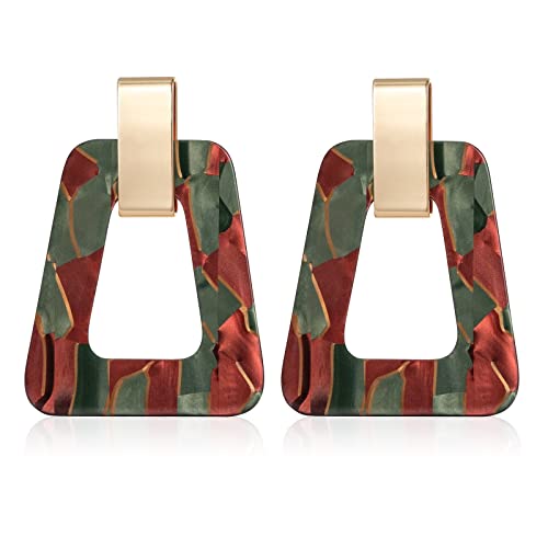 Acrylic Geometric Statement Earrings - Mottled Resin Lightweight Dangle Earrings for Party or Vacation (BROWN GREEN)