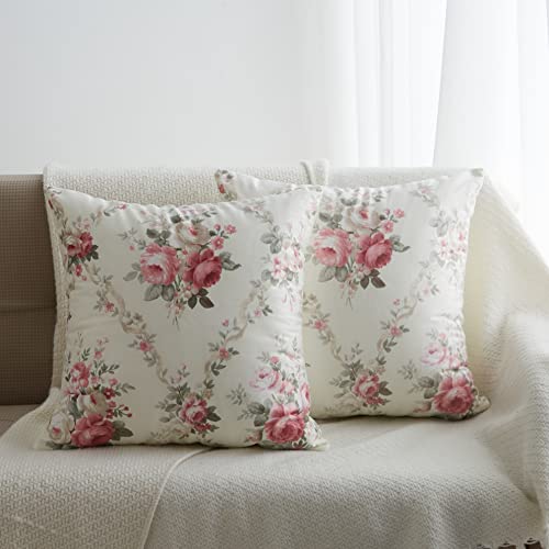 Vintage Floral Throw Pillow Covers Set of 2 Pink Rose Flowers Leaf Pillow Cases Shabby Chic Couch Cushion Cover for Sofa Bedroom Living Room, 18" x 18", Beige Pink