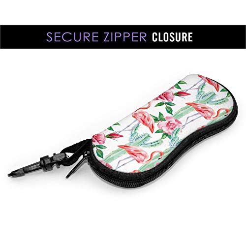 Pink Flamingo Eyeglasses Case With Carabiner Watercolor Cactus Red Roses Sunglasses Soft Case Ultra Lightweight Neoprene Zipper Eyewear Soft Bag