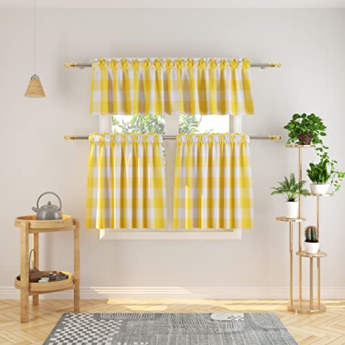 NATUS WEAVER 3 Pc Cotton Classic Country Farmhouse Kitchen Window Curtain -Yellow & White Buffalo Check Tier & Valance Set, 54