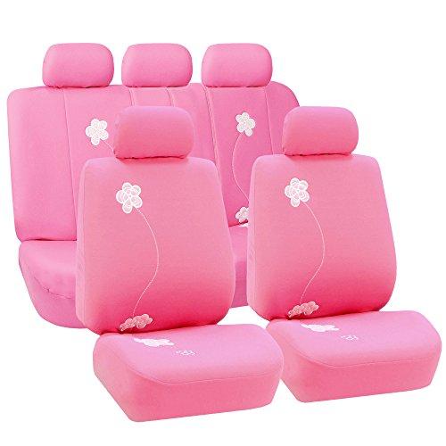 Universal Fit Pink Floral Embroidery Design Full Set Seat Covers, Split Bench