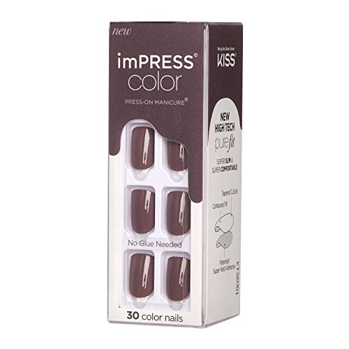 KISS imPRESS Color Press-On Manicure, Gel Nail Kit, PureFit Technology, Short Length, “Try Gray”, Polish-Free Solid Color Mani, Includes Prep Pad, Mini File, Cuticle Stick, and 30 Fake Nails