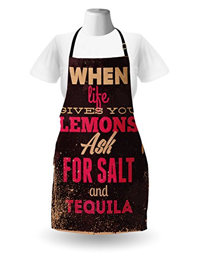 Lunarable Vintage Apron, When Life Gives You Lemons Tequila Alcohol Words Yin Yang Grunge Image, Unisex Kitchen Bib with Adjustable Neck for Cooking Gardening, Adult Size, Brown Pink