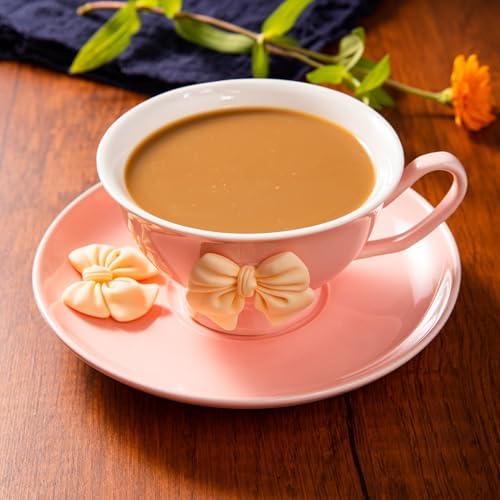 ICHAG Cups and Saucers Set of 6, Coffee Mugs, Tea Cups Set with Bowknot, Tea Set, 18-piece, Cup with 8.4oz, Golden Spoon, For Tea Party, Christmas Gifts, Gifts for Home Office