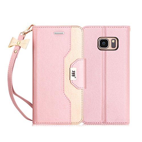 Galaxy S7 Edge Case, Premium Leather Wallet w/Cosmetic Mirror & Bow Knot Strap - Pink and Caboodle