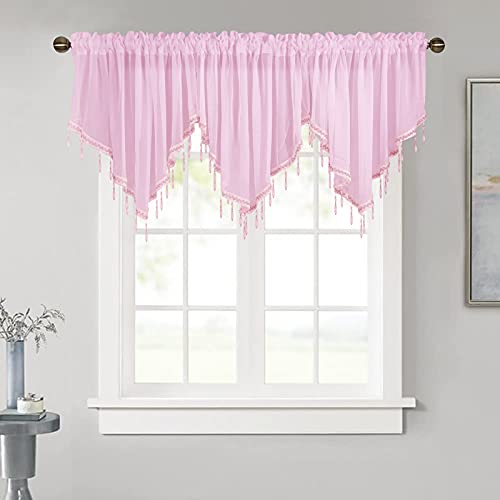 Popuid Swag Window Sheer Voile Ascot Valance with Tassel Beads Rod Pocket Elegant Treatment Valances for Farmhouse Kitchen Cafe Bedroom 51 by 24 Inches (Pink, 3 Panels)