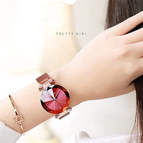 Women's Watches Fashion Crystal Cutting Mirror Wrist Watch for Woman Rose Gold Stainless Steel Mesh Band Waterproof Analog Quartz Watches