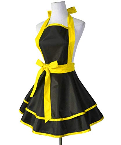 Hyzrz Lovely Handmade Cotton Retro Black Aprons for Women Girls Cake Kitchen Cook Apron for Mother's Gift (Yellow)
