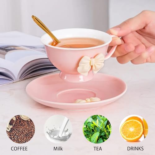 ICHAG Cups and Saucers Set of 6, Coffee Mugs, Tea Cups Set with Bowknot, Tea Set, 18-piece, Cup with 8.4oz, Golden Spoon, For Tea Party, Christmas Gifts, Gifts for Home Office