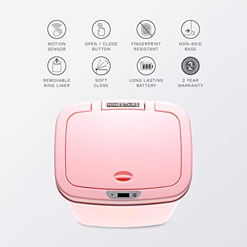 Ninestars DZT-12-5PK Bedroom or Bathroom Automatic Touchless Infrared Motion Sensor Trash Can, 3 Gal 12 L, ABS Plastic (Rectangular, Pink) Trashcan