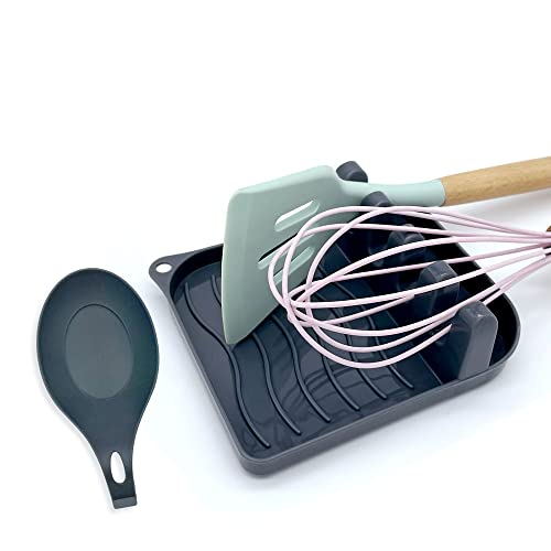 LSVGOE 2 Pack Multiple Utensil Spoon Rest with Drip Pad Non-Slip Heat Resistant Kitchen and Grill Spoon Holder for Spatula, Ladle, Tongs, Kitchen Gadgets, and Cooking Accessories (Silver Gray)