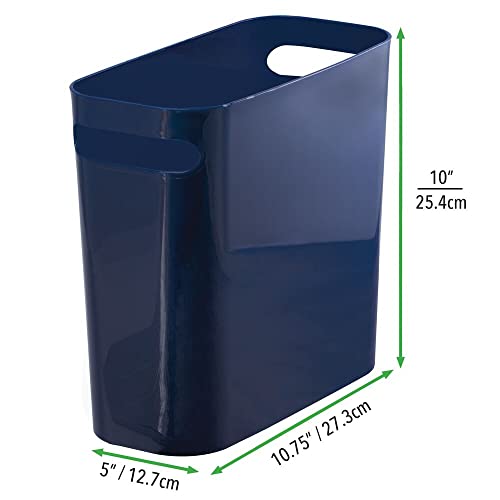 mDesign Plastic Small Trash Can, 1.5 Gallon/5.7-Liter Wastebasket, Narrow Garbage Bin with Handles for Bathroom, Laundry, Home Office - Holds Waste, Recycling, 10" High - Aura Collection, Navy Blue