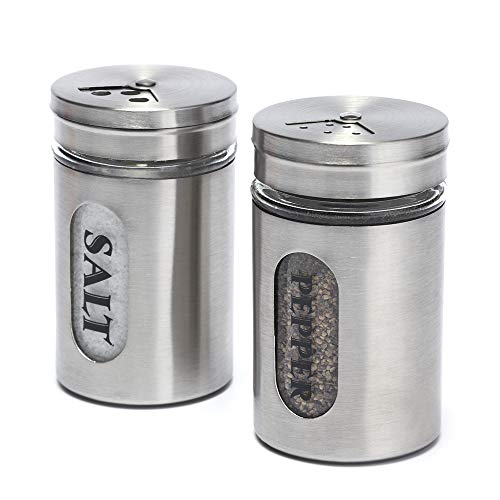 Salt and Pepper Shakers Stainless Steel and Glass Set with Adjustable Pour Holes(Silvery)