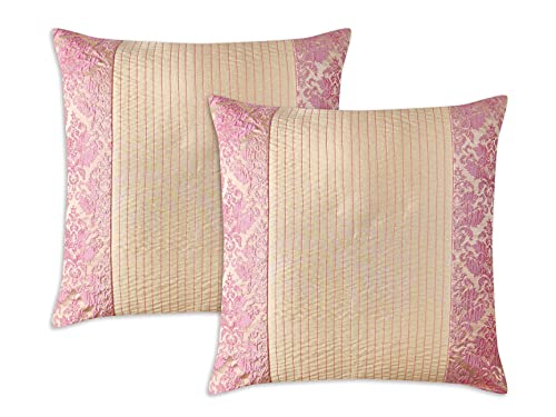 Craftbot Faux Silk Decorative Throw Pillow Covers - 16x16 - Pink and Light Peach - Pack of 2 - Damask Jacquard and Embroidered Toss Pillow- Luxury Cushion - for Sofa Couch Bed - Insert Not Included
