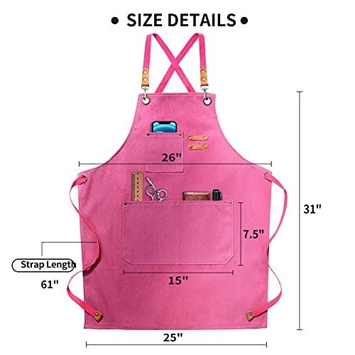 Apron for Women,Baking Kitchen Cooking Apron with Pockets, Cotton Canvas Cross Back Apron with Adjustable Strap and Large Pockets,BBQ Drawing Crafting Aprons for Women Chef (Pink)