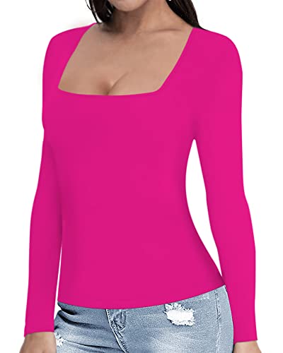 MANGOPOP Womens Short Sleeve/Long Sleeve Square Neck T Shirts Tops Tees (Long Sleeve Rose Pink, Medium)